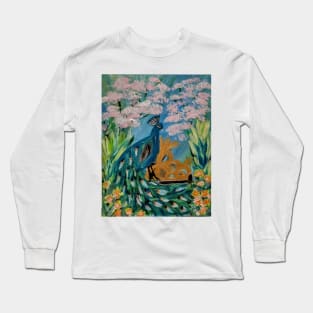 A peacock sitting on a gate in n a garden with flowers and cherry blossoms around it . Long Sleeve T-Shirt